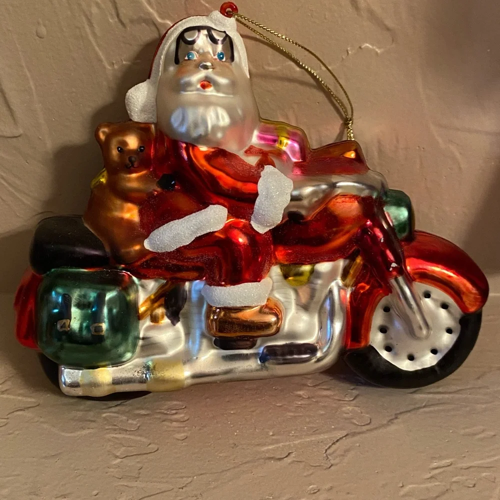 Vtg Glass Santa Motorcycle Christmas Tree Ornament